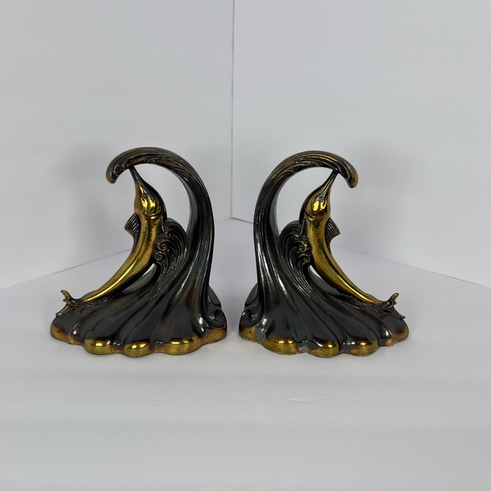Pair of Swordfish Piercing Wave Art Deco Cast Metal and Bronze Bookends